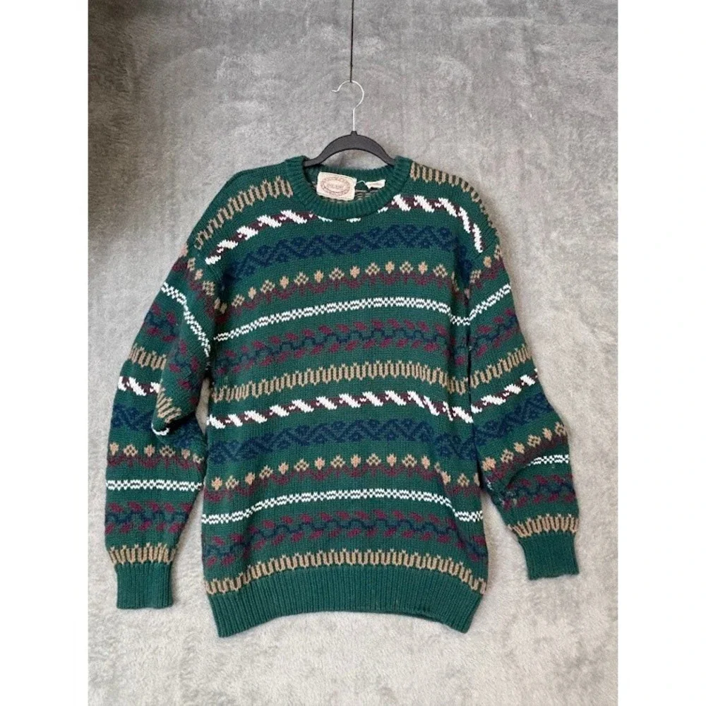 River Trader Green Geometric Pattern Cotton Sweater Mens Size‎ L Vintage Retro